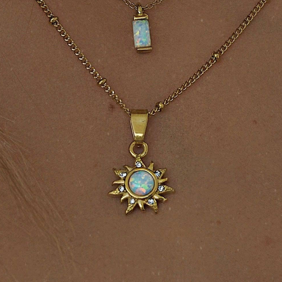Casual Retro Opal Sun Pendant Necklace 18K Gold Plated Stainless Steel