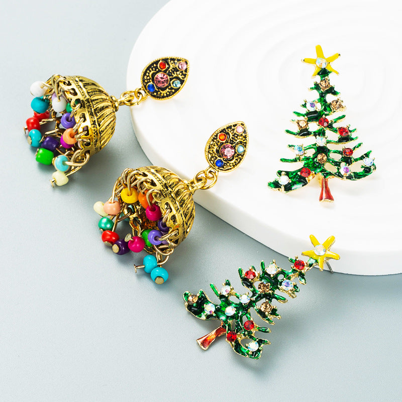 Christmas Series Alloy Dripping Oil Diamond Tree Earrings for Women