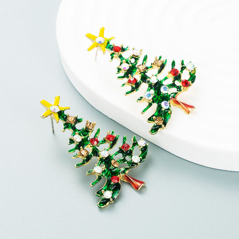 Christmas Series Alloy Dripping Oil Diamond Tree Earrings for Women