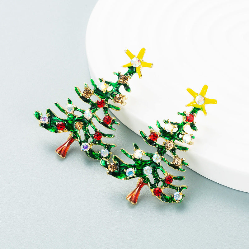 Christmas Series Alloy Dripping Oil Diamond Tree Earrings for Women