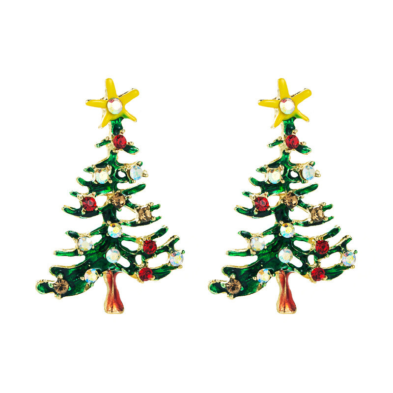 Christmas Series Alloy Dripping Oil Diamond Tree Earrings for Women