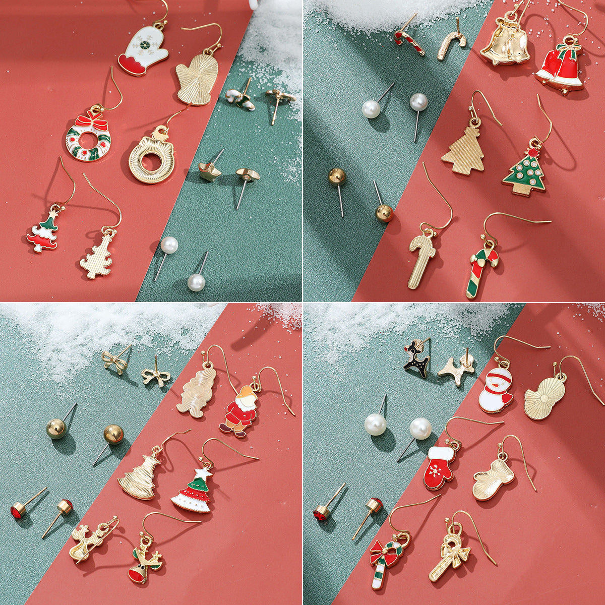 Christmas Snowflake Bell and Reindeer Earrings Set - Cute Cartoon Holiday Jewelry Gift