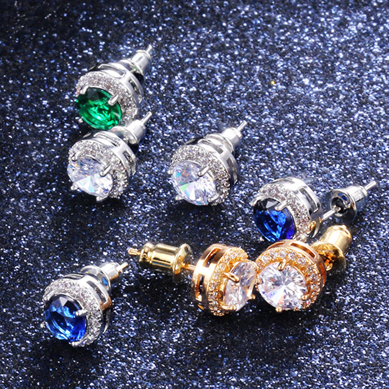 Classic Geometric Round Colorful Zircon Copper Stud Earrings for Women