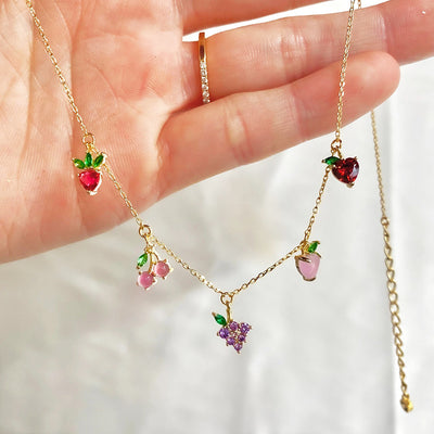 Colorful Zircon Cherry Peach Tropical Fruit Clavicle Chain Necklace