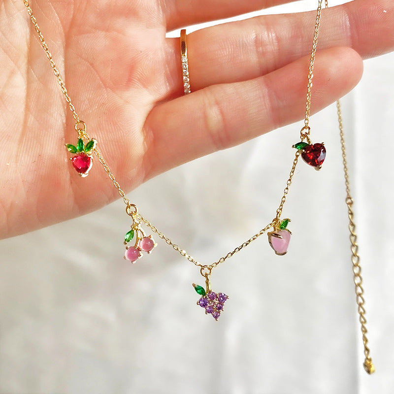 Colorful Zircon Cherry Peach Tropical Fruit Clavicle Chain Necklace