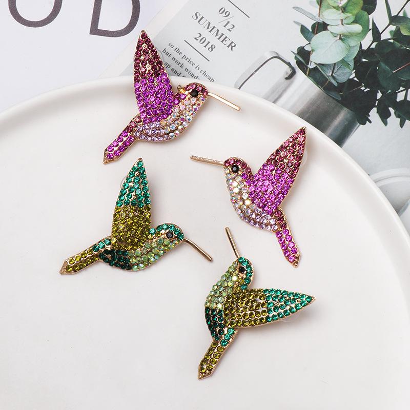 Colored Diamond Bird Stud Earrings - Creative Animal Design Statement Jewelry