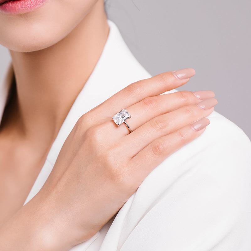 Commute Rectangle Sterling Silver Inlay Zircon Rhodium Plated Statement Ring