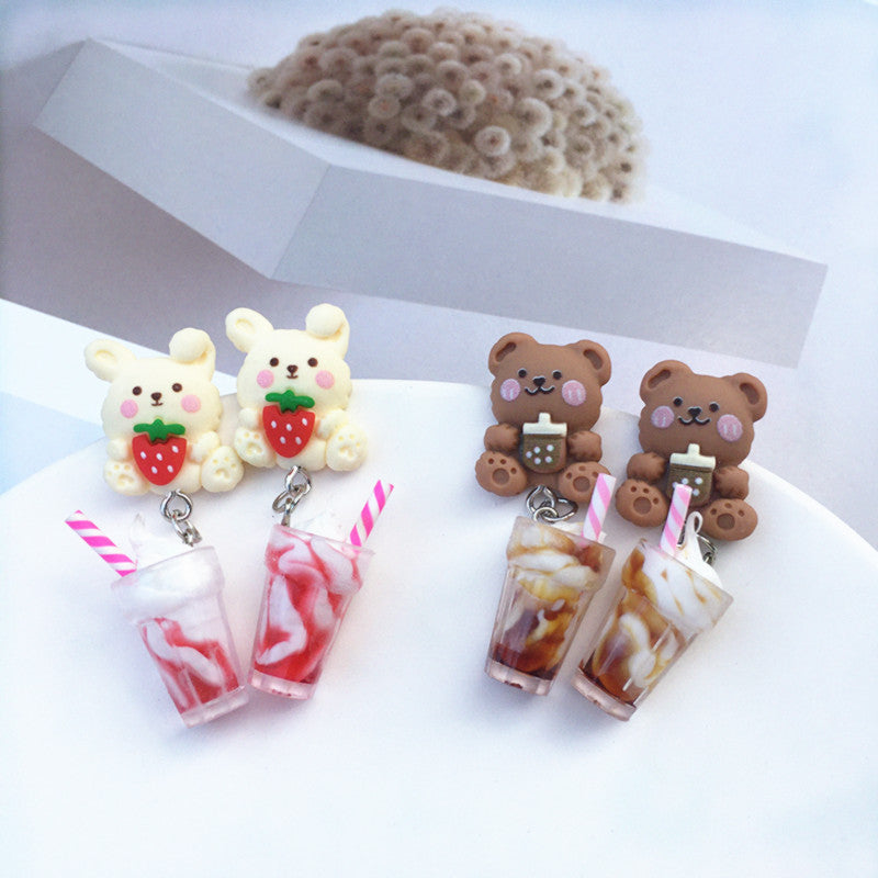 Creative Ice Cream Pearl Milk Tea Bear Strawberry Resin Earrings