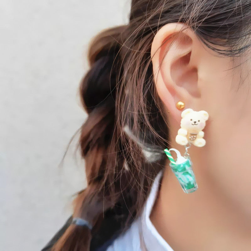 Creative Ice Cream Pearl Milk Tea Bear Strawberry Resin Earrings
