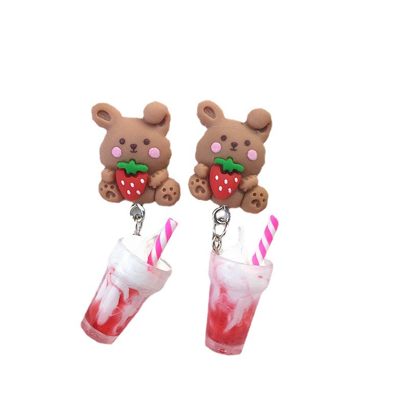 Creative Ice Cream Pearl Milk Tea Bear Strawberry Resin Earrings