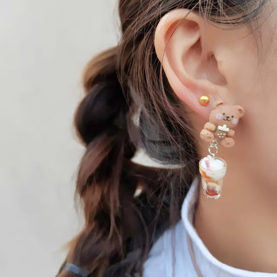 Creative Ice Cream Pearl Milk Tea Bear Strawberry Resin Earrings