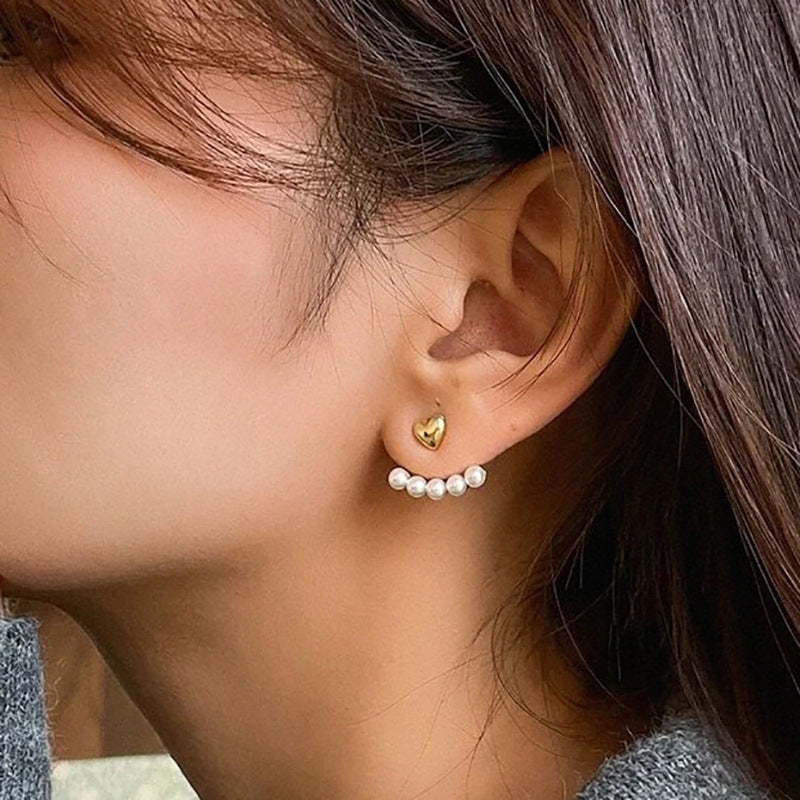 Creative Fashion French Arc Pearl Heart Drop Earrings in S925 Sterling Silver