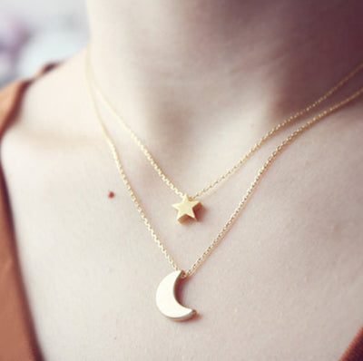 Creative Double-Layer Heart and Moon Star Tassel Alloy Necklace