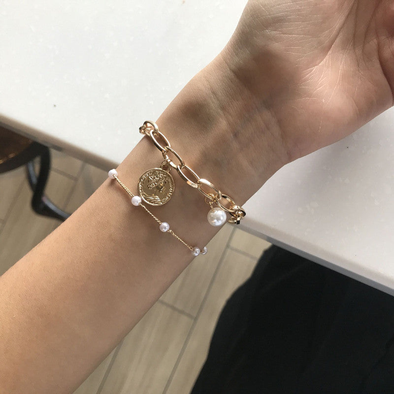 Creative Hip-hop Heart Pearl Cross Gold Coin Portrait Pendant Bracelet for Women