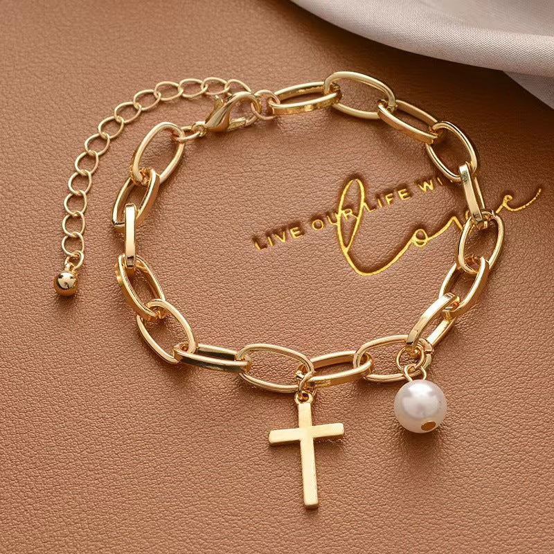 Creative Hip-hop Heart Pearl Cross Gold Coin Portrait Pendant Bracelet for Women