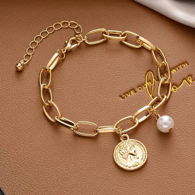 Creative Hip-hop Heart Pearl Cross Gold Coin Portrait Pendant Bracelet for Women
