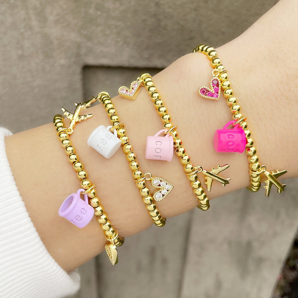 Creative Fun Bracelet with Coffee Cup Airplane Love Heart Pendant Beads