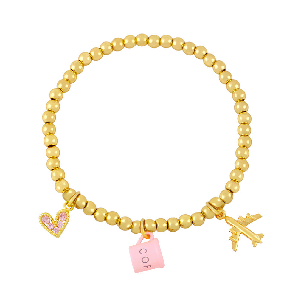 Creative Fun Bracelet with Coffee Cup Airplane Love Heart Pendant Beads