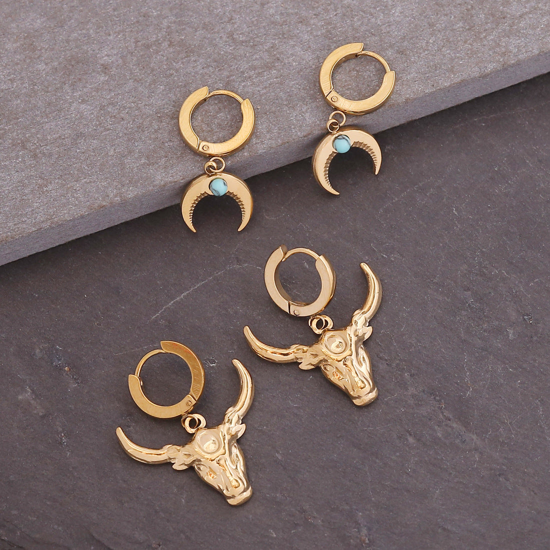Bohemian Ox Head Moon Titanium Steel Punk Earrings E359