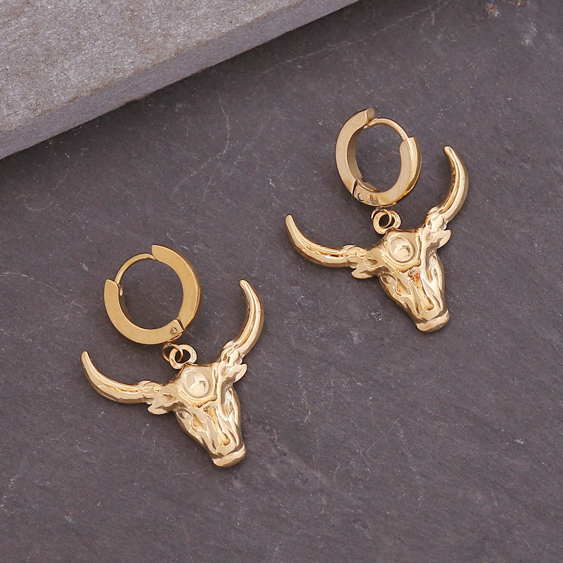 Bohemian Ox Head Moon Titanium Steel Punk Earrings E359
