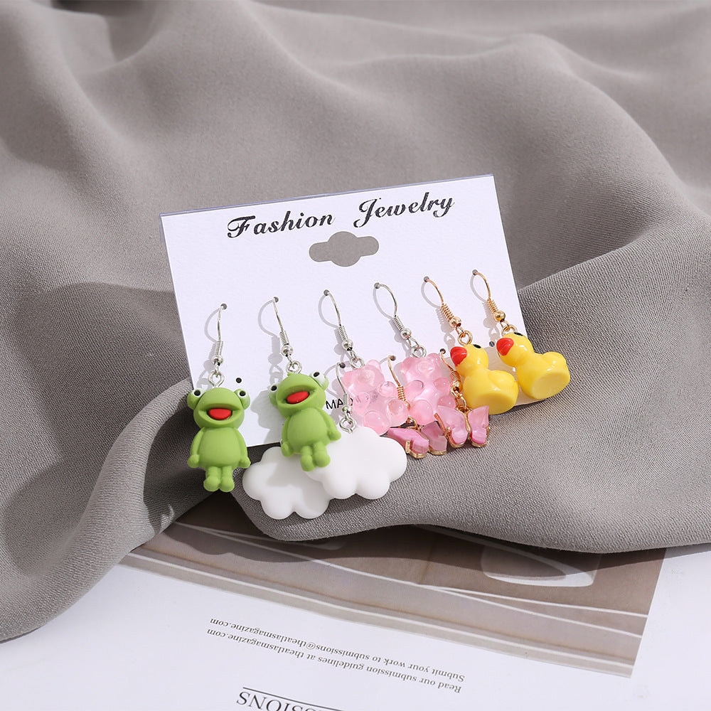 Creative Cartoon Animal Stud Earrings Set - Butterfly, Cloud, Duck, Frog, Heart (5 Pairs)