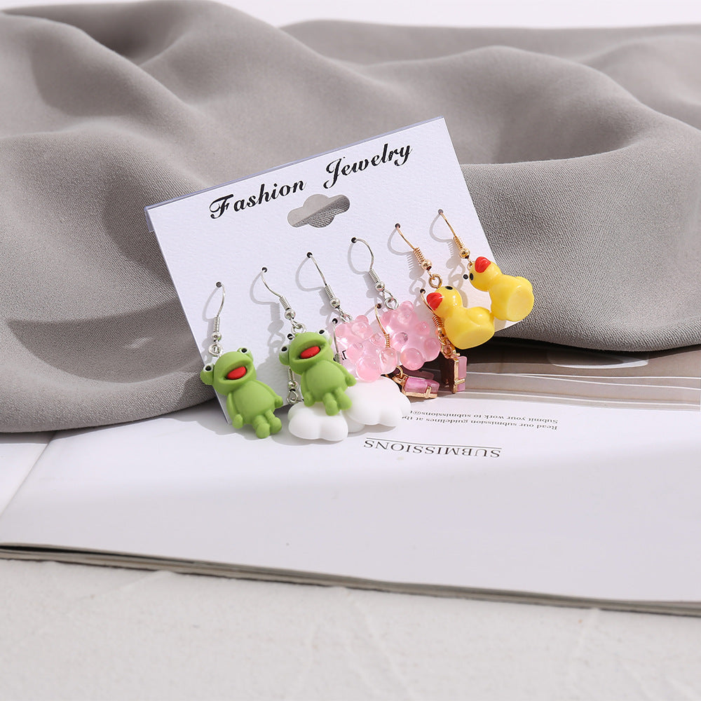 Creative Cartoon Animal Stud Earrings Set - Butterfly, Cloud, Duck, Frog, Heart (5 Pairs)
