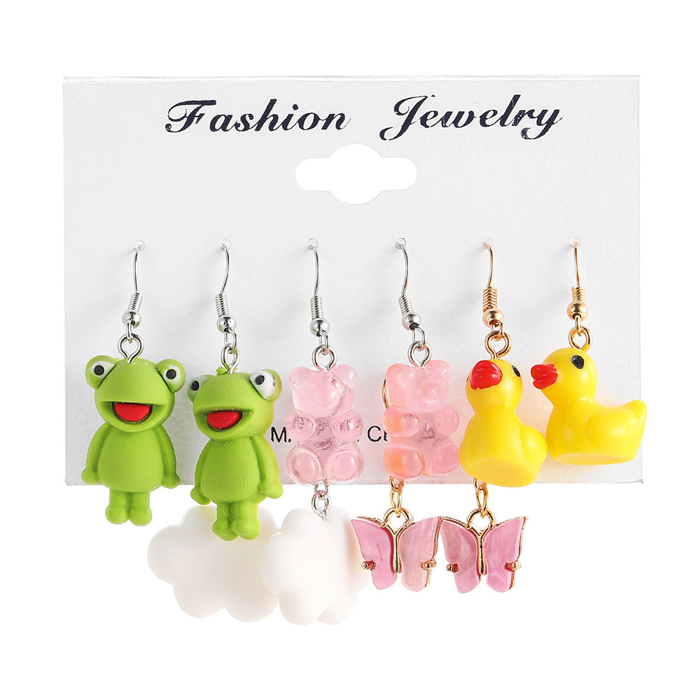 Creative Cartoon Animal Stud Earrings Set - Butterfly, Cloud, Duck, Frog, Heart (5 Pairs)