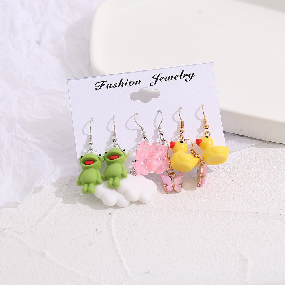 Creative Cartoon Animal Stud Earrings Set - Butterfly, Cloud, Duck, Frog, Heart (5 Pairs)