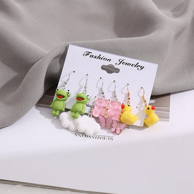 Creative Cartoon Animal Stud Earrings Set - Butterfly, Cloud, Duck, Frog, Heart (5 Pairs)