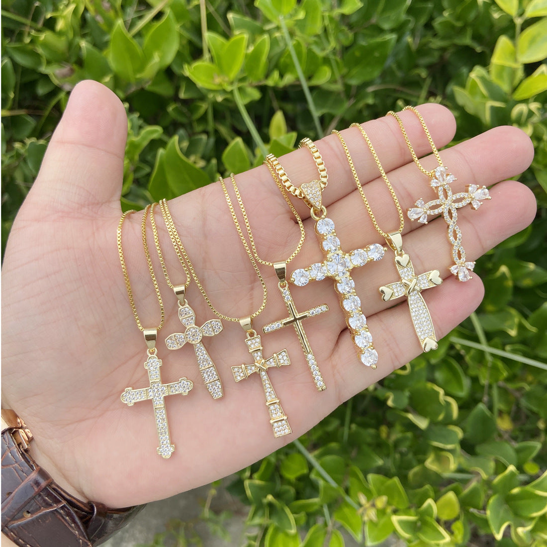 18k Gold Plated Copper Cross Pendant Necklace with Zircon Inlay