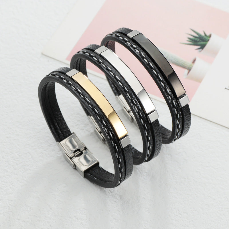 Retro European American PU Braided Leather Bracelet with Glossy Stainless Steel
