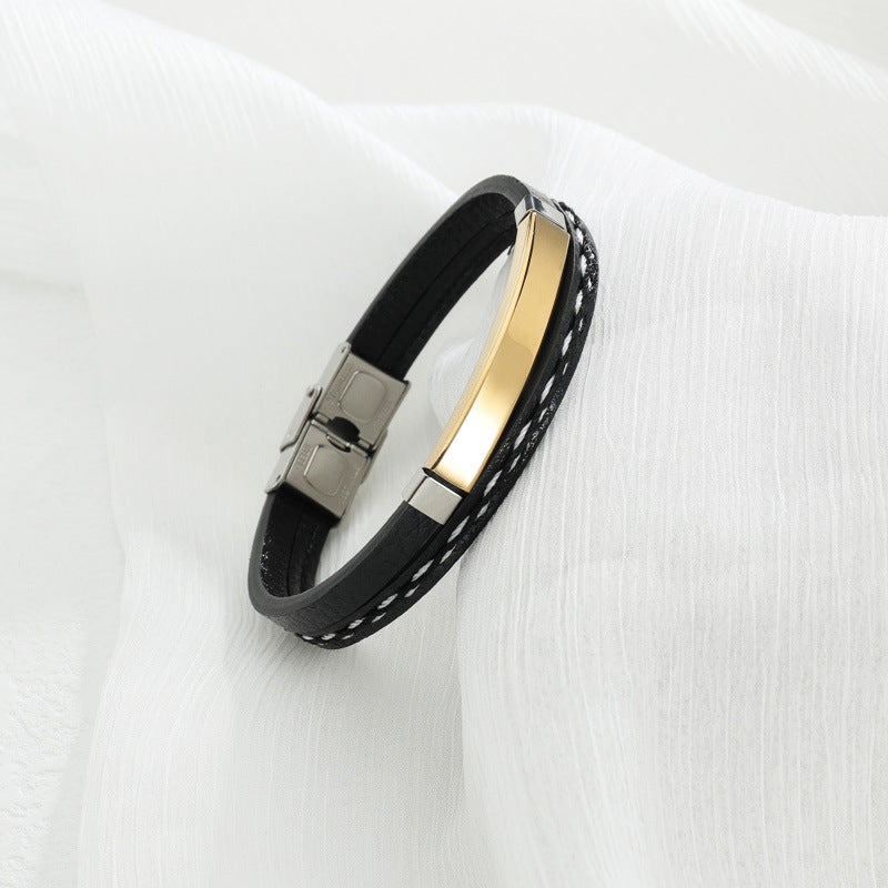 Retro European American PU Braided Leather Bracelet with Glossy Stainless Steel