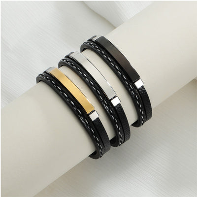 Retro European American PU Braided Leather Bracelet with Glossy Stainless Steel