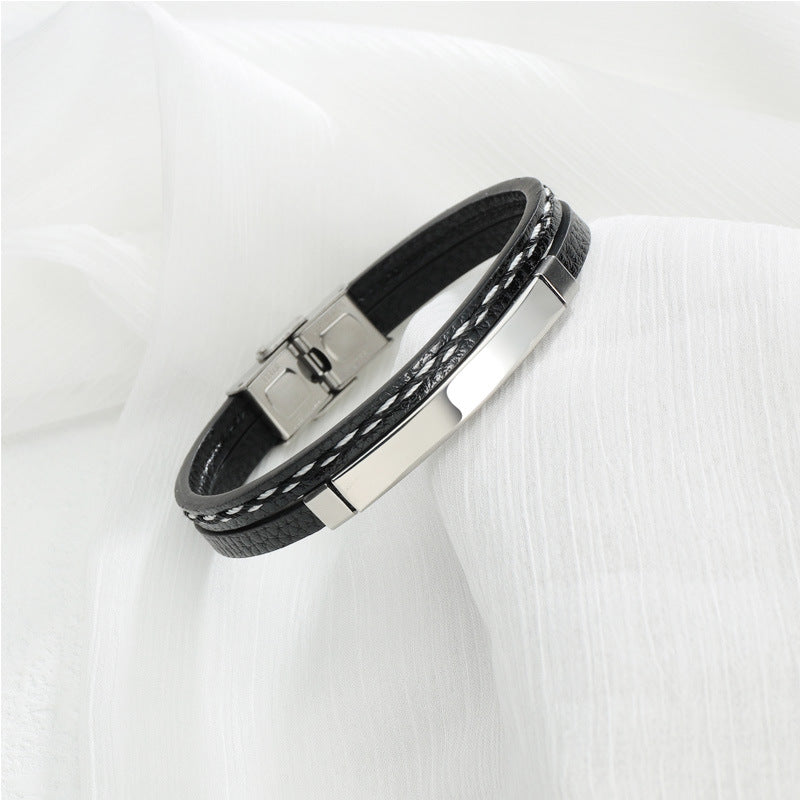 Retro European American PU Braided Leather Bracelet with Glossy Stainless Steel