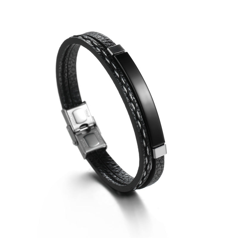 Retro European American PU Braided Leather Bracelet with Glossy Stainless Steel