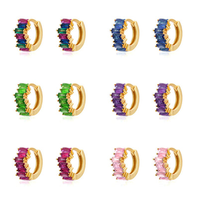 S925 Silver Needle Rectangular Zircon Stud Earrings with Colorful Zircon Hoop Design