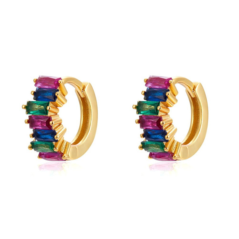 S925 Silver Needle Rectangular Zircon Stud Earrings with Colorful Zircon Hoop Design