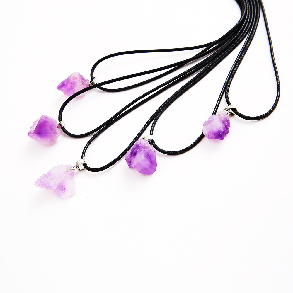 Amethyst Crystal Stone Pendant Necklace Set - Natural Lavender Gemstone Cluster Design