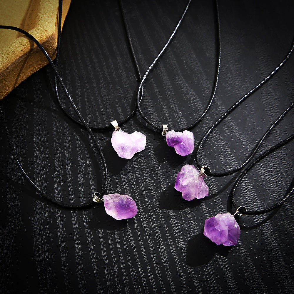 Amethyst Crystal Stone Pendant Necklace Set - Natural Lavender Gemstone Cluster Design