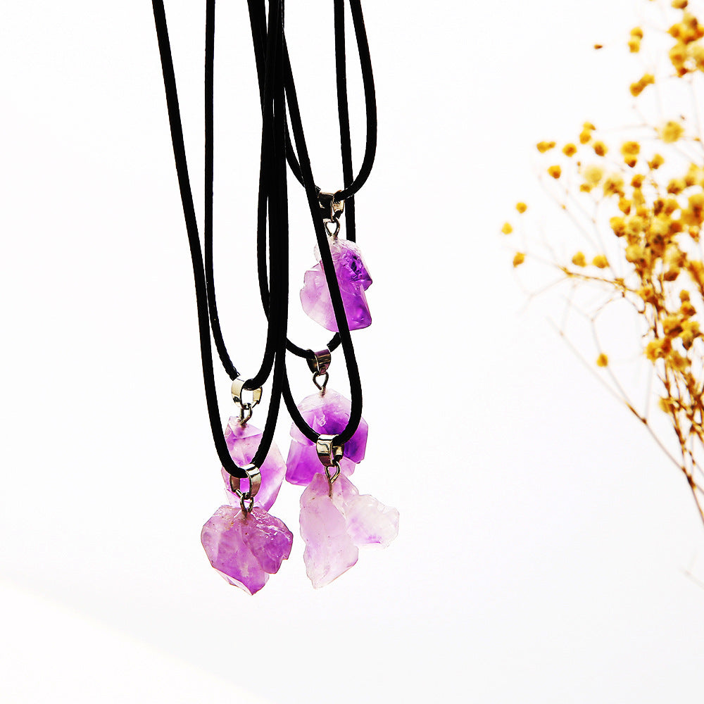 Amethyst Crystal Stone Pendant Necklace Set - Natural Lavender Gemstone Cluster Design