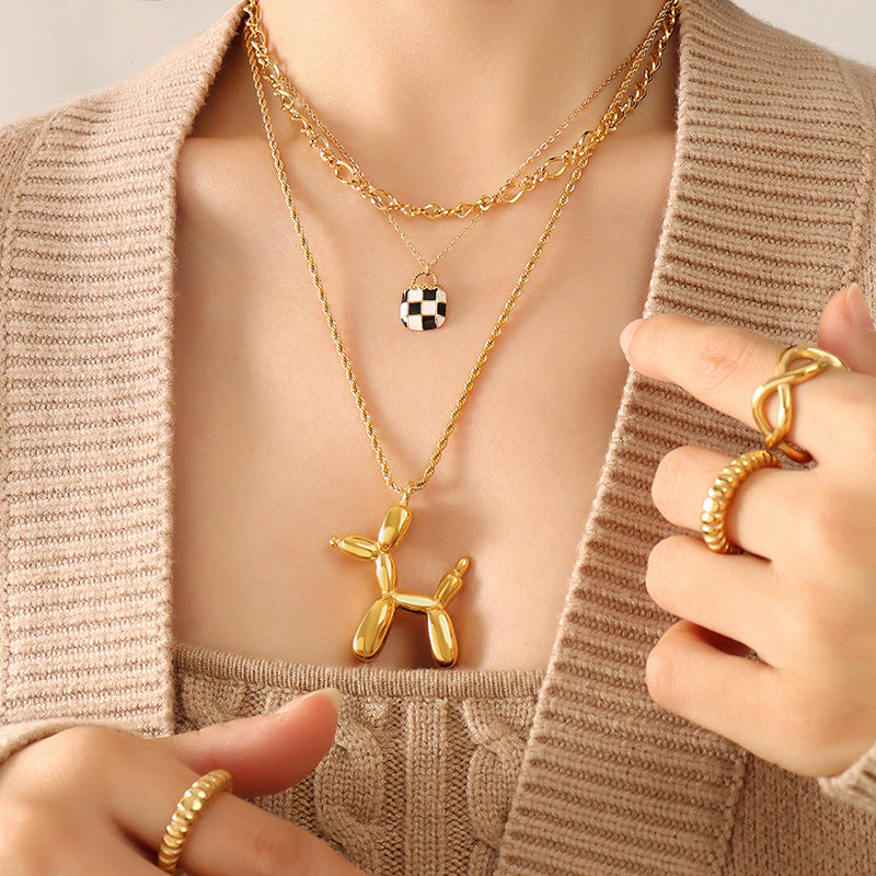 Cute Balloon Dog 3D Clavicle Chain Titanium Steel Necklace with 18K Gold Plating