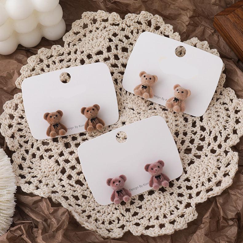 Cute Velvet Bow Bear Stud Earrings - Minimalist 925 Silver Needle Fashion Jewelry