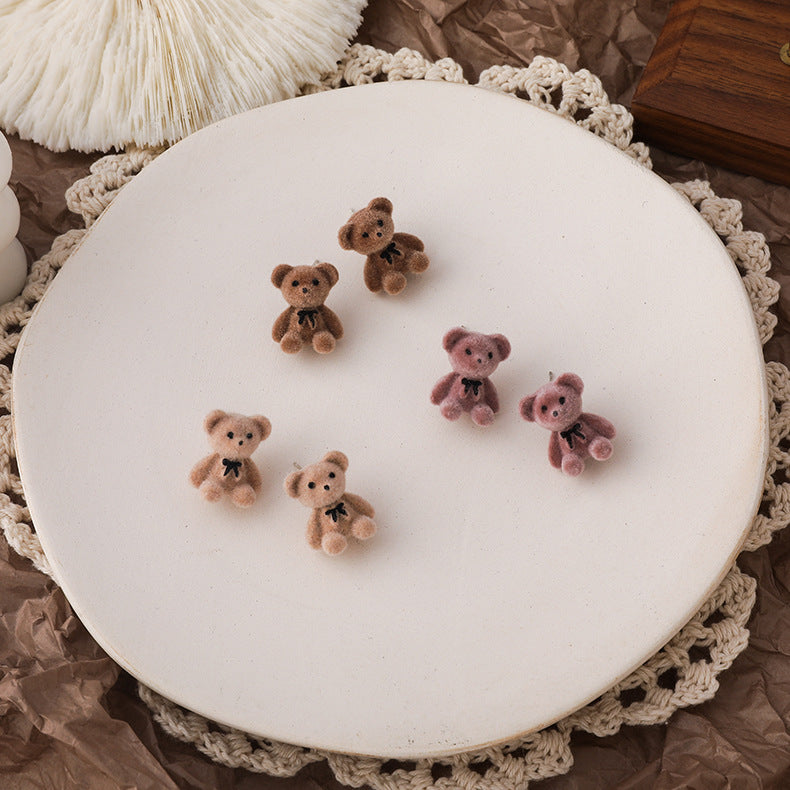 Cute Velvet Bow Bear Stud Earrings - Minimalist 925 Silver Needle Fashion Jewelry