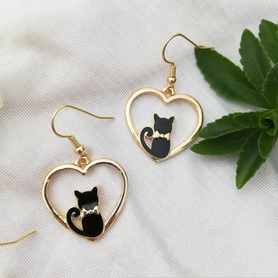 Cute Heart Shaped Cat Enamel Drop Earrings for Women