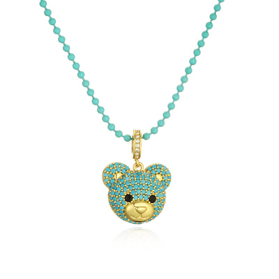 Cute Little Bear Zircon Pendant Necklace with Colorful Beaded Chain