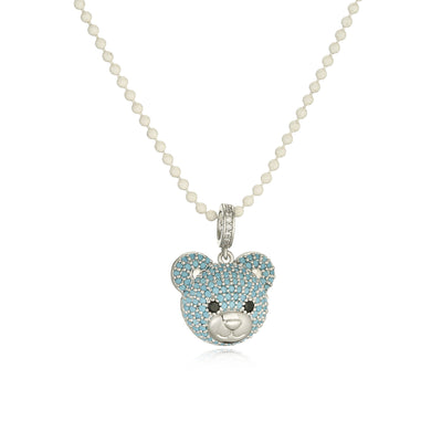 Cute Little Bear Zircon Pendant Necklace with Colorful Beaded Chain