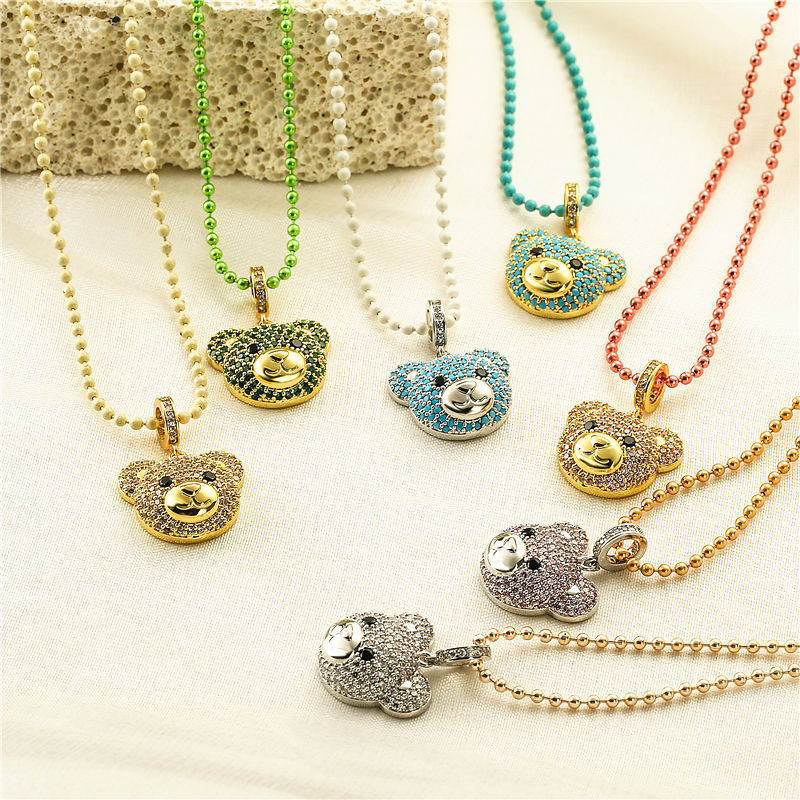 Cute Little Bear Zircon Pendant Necklace with Colorful Beaded Chain