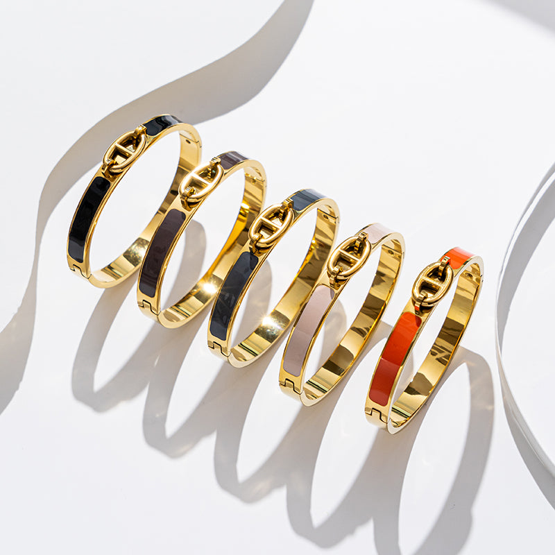 Cute Oval Enamel Stainless Steel Bangle with 18K Gold, Rose Gold, and Silver Plating