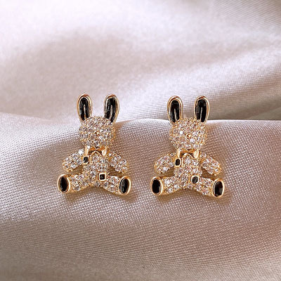 Cute Rabbit Alloy Inlay Rhinestone Stud Earrings with S925 Silver Needle