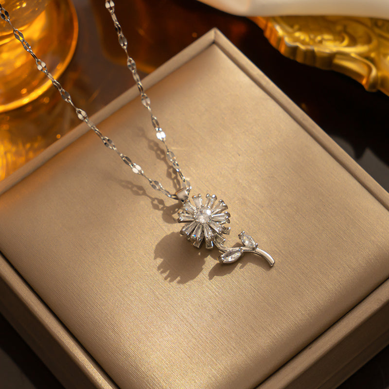 Sunflower Stainless Steel 18K Gold Plated Pendant Necklace with Inlay Gemstones